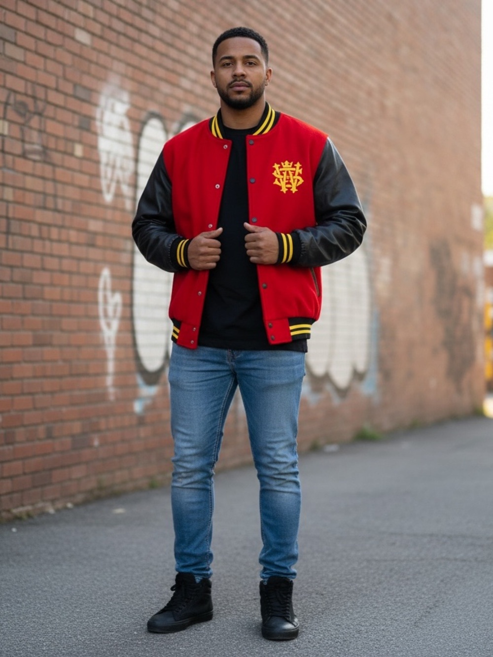 Red & Black Varsity Bomber Jacket with Yellow Crest